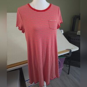 SO Women T Shirt Dress Large Striped Short Sleeve Pocket Knit Red White  Rib